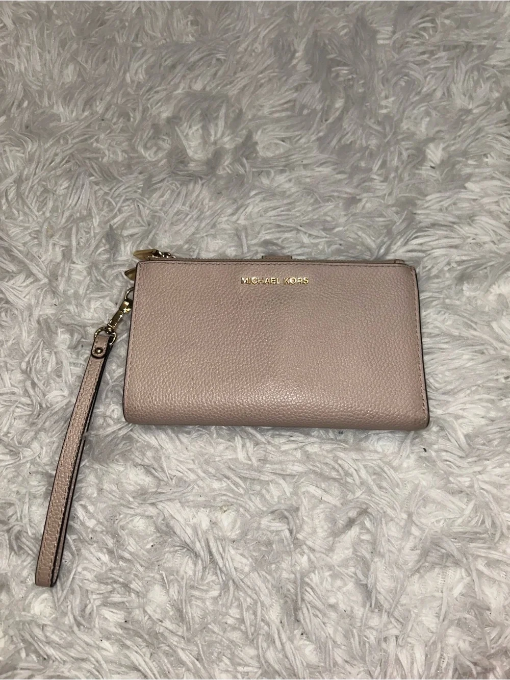 Michael Kors pebbled leather wristlet wallet pinkish tan with gold-tone hardware